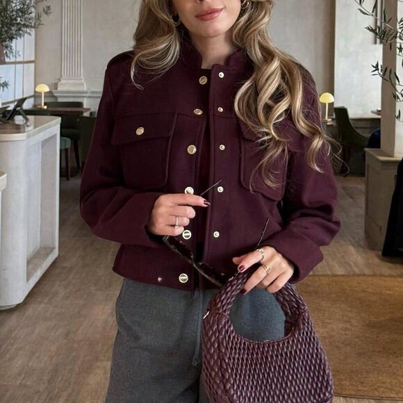 Burgundy Casual Women's Pockets Buttons detailed Jacket - Picture 3 of 8